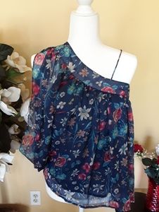 Angie New Navy Blue Floral One Shoulder Blouse Top Size Small.